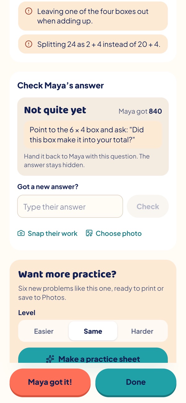 Checking Maya’s answer: 840 is not quite yet, with a question to ask about the 6 × 4 box in Maya’s area model.
