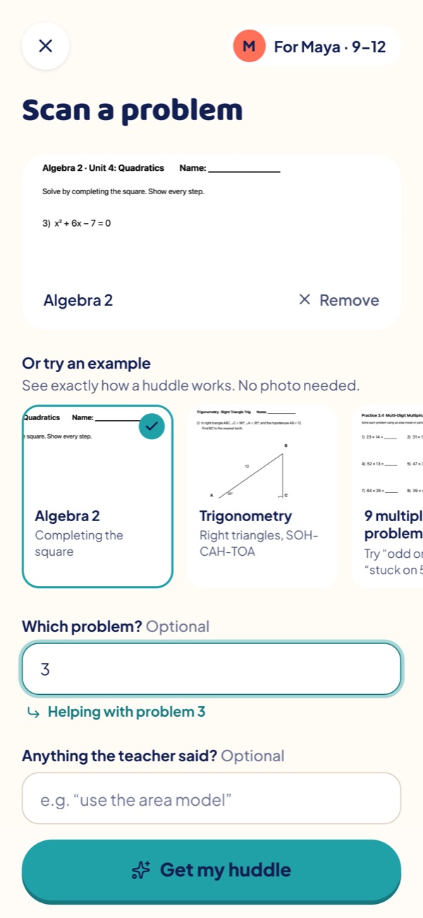 The scan screen with a photo of an Algebra 2 worksheet and problem 3 picked.